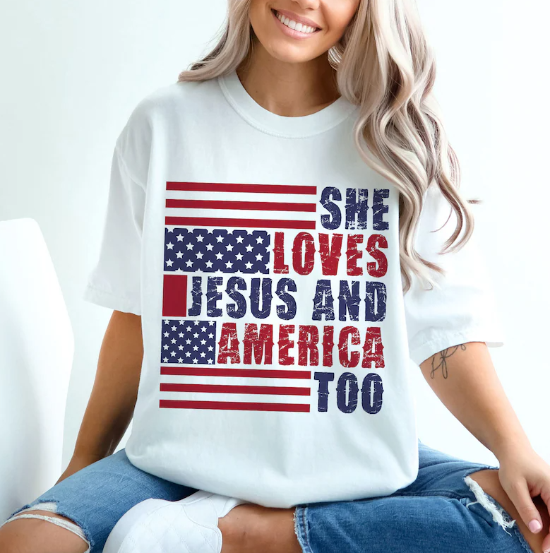 She loves Jesus and America too, Ready to Press DTF Transfer