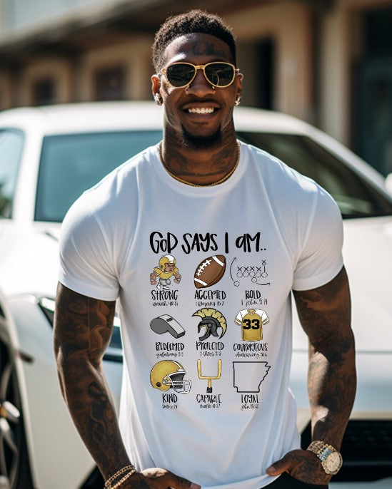 God Says I am Boy Football version, Trojans School Spirit Sublimation or DTF Transfers