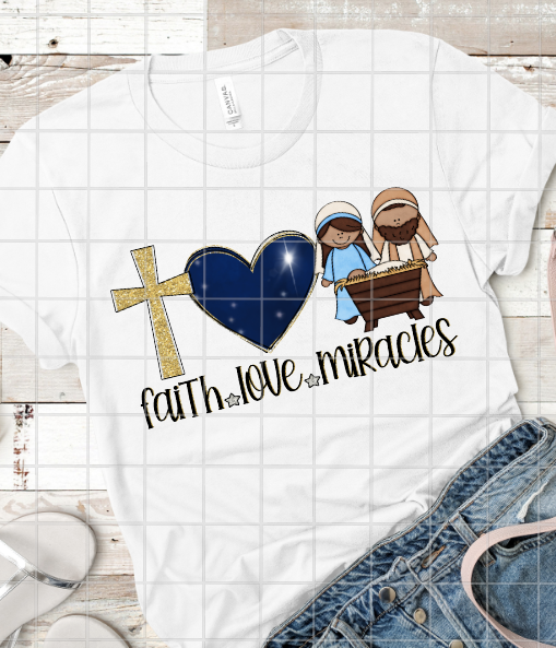 Faith Love Miracles, Nativity Scene, Sublimation Transfer