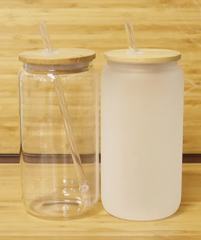 Frosted 16oz Blank Sublimation Glass with Bamboo Lid & Straw, Sublimation Glass