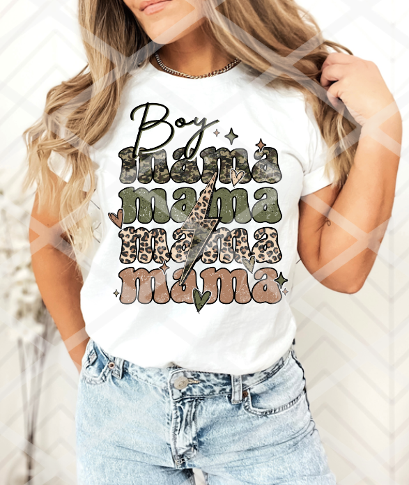 DTF Boy Mama, Camo and Leopard Print, Ready to Press Transfer